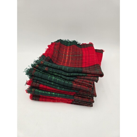 12 Vintage Red Green Knit Plaid Christmas Napkins Rag Fringe Metallic Sparkle - Picture 1 of 6